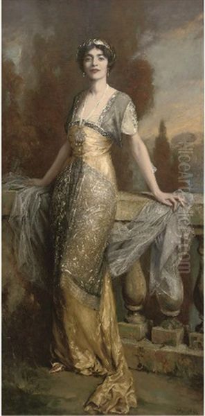 Portrait Of Rosa Lewis, Full-length, In An Evening Dress, On A Balcony With A Landscape Beyond - view 1