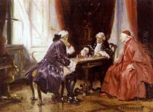 Noblemen Playing Chess, With A Cardinal Watching by Frank Moss Bennett