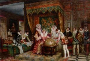 Sir Francis Drake Indicating The Spanish Armada To Elizabeth I by Frank Moss Bennett