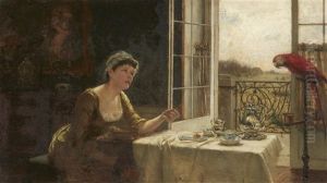 Young Woman With A Parrot by Karl Bennewitz Von Loefen