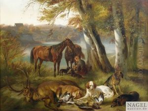 Nach Der Jagd. Hunde Bewachen Die Jagdbeute, Im Hintergrund Ein Jager Mit Zwei Pferden by Adam Benno