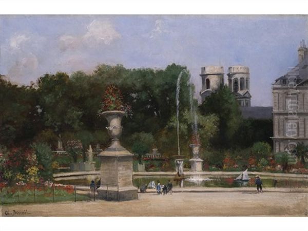 Ansicht Eines Herrschaftlichen Parks Mit Springbrunnenbassin, Grossen Vasen Und Einer Doppelturmen Kirche Im Hintergrund - view 1
