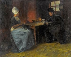 Hollandisches Interieur Mit Mann Und Frau Am Tisch by Jules Benoit-Levy