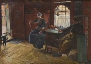 Couple De Paysans Hollandais Attables Dans Un Interieur. by Jules Benoit-Levy