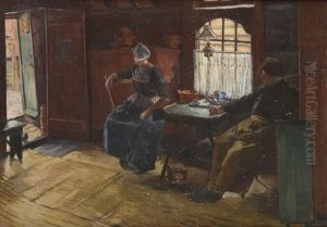 Couple De Paysans Hollandais Attables Dans Un Interieur by Jules Benoit-Levy