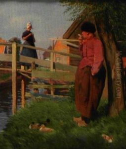 Scene Paysanne Animee Au Bord D'un Canal En Hollande by Jules Benoit-Levy