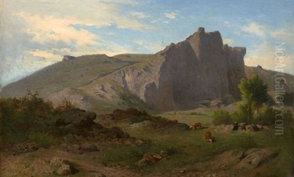 Vachere Et Son Troupeau Dans Un Paysage Rocheux - view 1