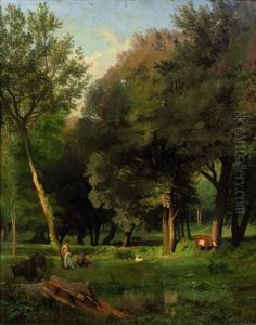 Pasteurs Et Leurs Troupeaux Au Bord D'un Etang by Jean Achille Benouville