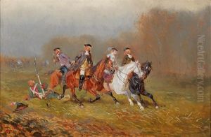 Elegant Horsemen Fleeing From The Fighting by Alexander Franz Von Bensa