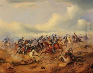 Scene From The Hungarian Revolution Of 1848/49: Austrian Uhlans Of The 1st Regiment Of Imperial Royal Uhlans In Battle With Hungarian Hussars by Alexander Franz Von Bensa
