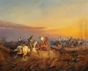 Scene From The Hungarian Revolution Of 1848/49: Austrian Dragoon Of The 6th Regiment Of Imperial Royal Bohemian Dragoons In Battle With Hungarian Hussars by Alexander Franz Von Bensa
