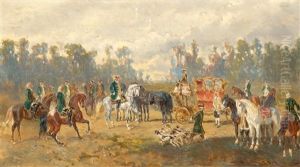 Series Of Three Courtly Hunting Scenes: Versammlung Der Jager / Der Kronenzwolfender / Heimkehr Der Jager by Alexander Franz Von Bensa