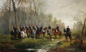 Auf Vorposten (soldiers Stopped Along A Forest Road) by Alexander Ritter Von Bensa