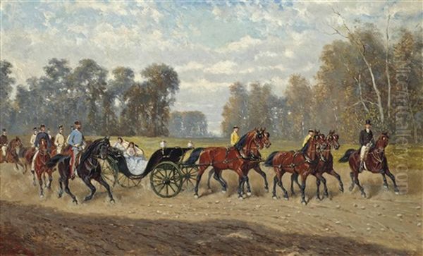 The Imperial Entourage With Emperor Franz Josef I (1848-1916) On His Horse, Empress Elisabeth (1854-1898) (known As Sisi) And Their Youngest Daughter Archduchess Marie Valerie (1868-1924) In The Carriage - view 1