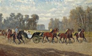 The Imperial Entourage With Emperor Franz Josef I (1848-1916) On His Horse, Empress Elisabeth (1854-1898) (known As Sisi) And Their Youngest Daughter Archduchess Marie Valerie (1868-1924) In The Carriage
