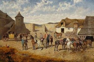 Reiter Und Postkutsche In Einem Gehoft