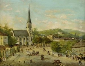 Wien: Blick Auf Den Hauptplatz Von Hietzing Mit Der Kirche Maria Hietzing, Links Der Eingang Zum Park Von Schloss Schonbrunn by Alexander Ritter Von Bensa