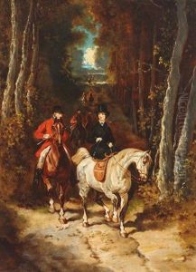 Der Ausritt. Elegante Dame Im Schwarzen Reitkleid Auf Schimmel Und Zahlreiche Reiter Auf Malerischer Allee by Alexander Ritter Von Bensa