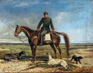 Ein Berittener Offizier Mit Seinen Hunden In Der Ungarischen Puszta