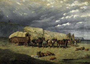 An Der Bretonischen Kuste Bei Rouans. Fischer Mit Ihren Pferdekarren Am Fuse Der Klippen by Alexander Ritter Von Bensa