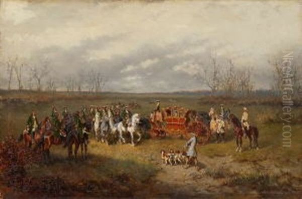 Parforcejager Der Rokokozeit Begegnen Zwei In Einer Kutsche Reisenden In Weiter Landschaft - view 1