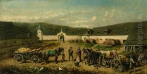 Pferdefuhrwerke Im Hof Eines Bauerngehoftes by Alexander Ritter Von Bensa