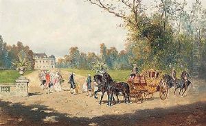 An Elegant Company With A Carriage In A Park Landscape, A Castle Beyond
