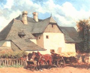 Bauerngehoft Mit Pferdewagen Und Ochsengespann
