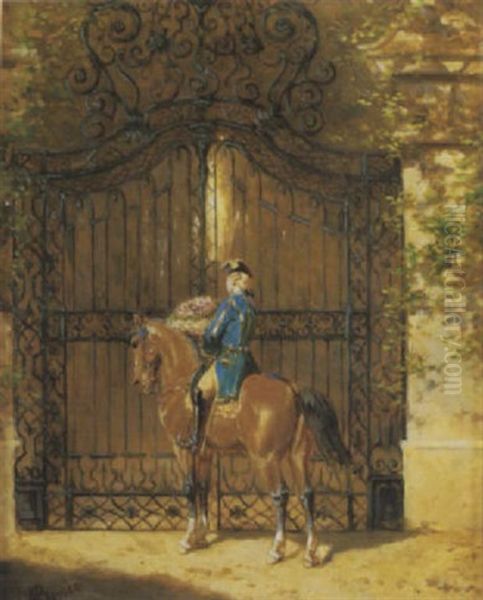 Eleganter Kavalier Hoch Zu Ros, Vor Schmiedeeisernem Portal - view 1