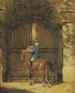Eleganter Kavalier Hoch Zu Ros, Vor Schmiedeeisernem Portal