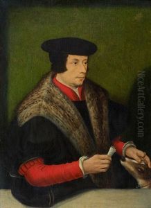 Portrait D'homme Caressant Son Chien Et Tenant Une Lettre (+ Portrait De Dame En Buste Caressant Son Chien; Pair) by Ambrosius Benson
