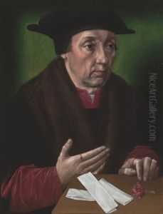Portrait Of A Gentleman In A Fur-trimmed Black Mantle And Hat, His Left Hand On A Wooden Table With A Carnation And Papers by Ambrosius Benson