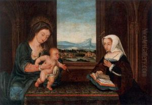 The Madonna And Child With A Female Donor Seated At A Table, An Extensive Landscape Beyond by Ambrosius Benson