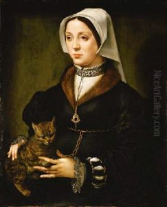 Portrait Of A Lady Wearing Dark Costume And A White Headdress, Holding A Cat