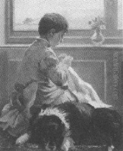 Girl By Window Sewing by Eugene Benson