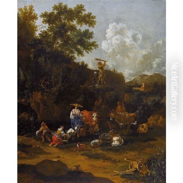 Italienische Landschaft Mit Bauern Am Herkulesbrunnen - view 1