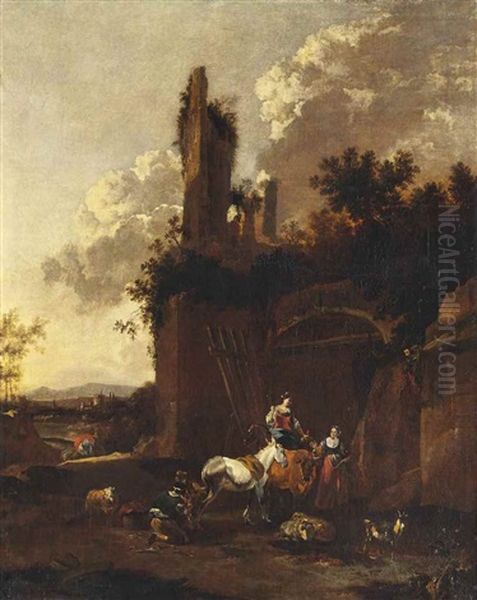 An Italianate Wooded Landscape With A Black Smith Shoeing A Horse And Other Figures Near A Ruined City Gate - view 1