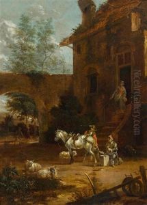 Horseman And Blacksmith Before A Farmhouse by Johannes van der Bent