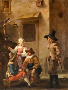 Four Figures Conversing In The Courtyard Of A by Johannes van der Bent