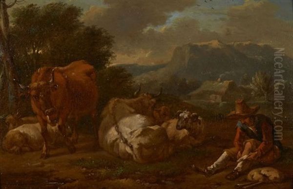 Vacher Et Son Troupeau Dans Un Paysage D'italie - view 1