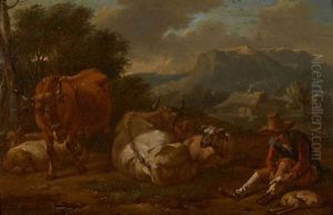 Vacher Et Son Troupeau Dans Un Paysage D'italie by Johannes van der Bent