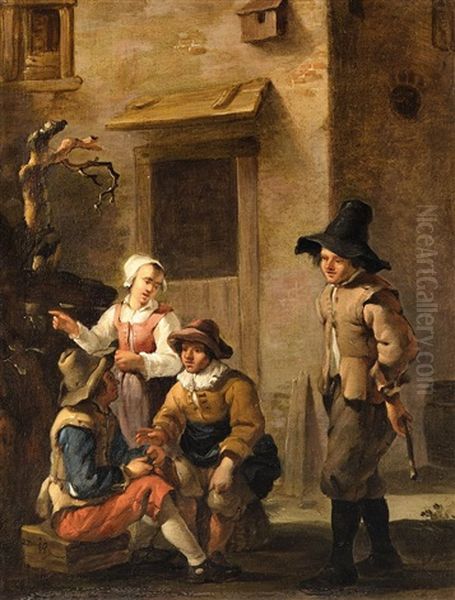 Four Figures Conversing In The Courtyard Of An Italian House - view 1