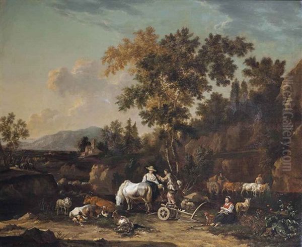 A Wooded Landscape With Peasants On A Track - view 1