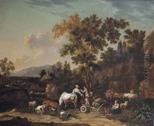 A Wooded Landscape With Peasants On A Track by Johannes van der Bent