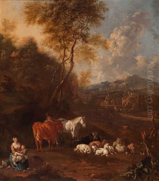 Shepherds And Their Flock In An Italianised Landscape - view 1