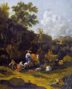 Italienische Landschaft Mit Bauern Am Herkulesbrunnen by Johannes van der Bent