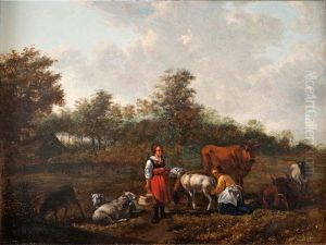 Country Scene With Two Maids Milking Sheep