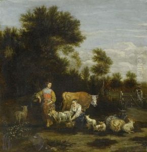 Hirtinnen Mit Tieren Auf Der Weide by Johannes van der Bent
