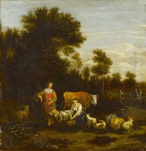 Hirten Und Hirtinnen Mit Ihren Tieren Vor Weiter Landschaft by Johannes van der Bent