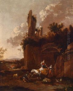 Sudliche Landschaft Mit Rastenden Hirtinnen Vor Einer In Einen Stall Umgewandelten Ruine by Johannes van der Bent